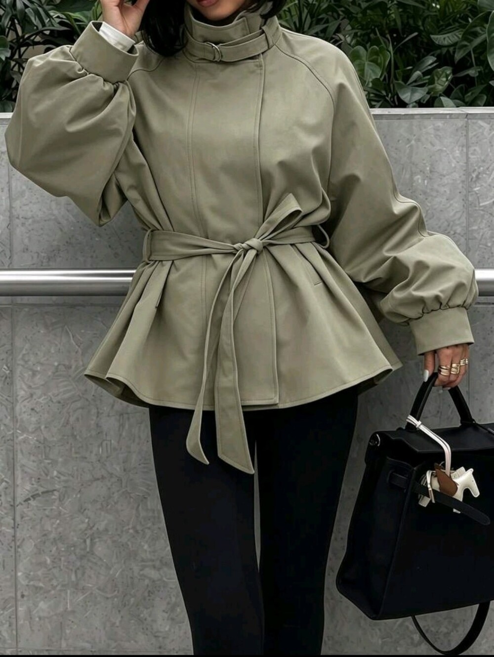 Autumn/Winter Grey-Green Stand Collar Waist-Cinching Tie-Front Mid-Length Jacket - Picture 4 of 6